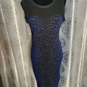 Bold blue leopard stretch knit with sheer top trimmed in faux leather back zip